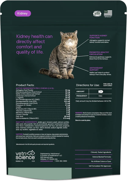 VetriScience Kidney Health Chews, Renal Essentials Supplement for Cats, Kidney Care and Support with Mushroom, Astragalus Root, Nettle Seed and Herbs, Chicken, 120 Count
