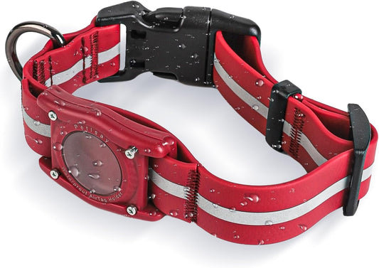 Dog Collar with AirTag Holder - IP68 Waterproof, Odorproof, Tearproof, Reflective, Adjustable Biothane AirTag Dog Collar by PetIsay(Red, M)