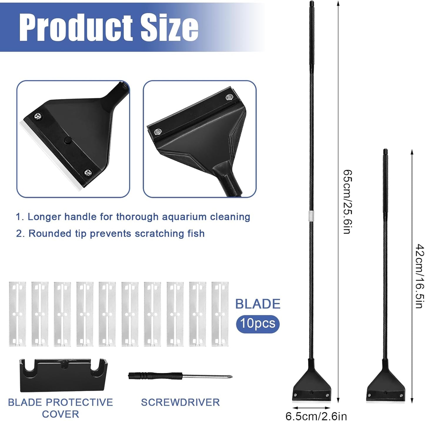 Algae Scraper for Glass Aquariums, Stainless Steel Fish Tank Cleaner Tool with 10 Blades, 25.6" Adjustable Handle Aquarium Glass Cleaning Accessories