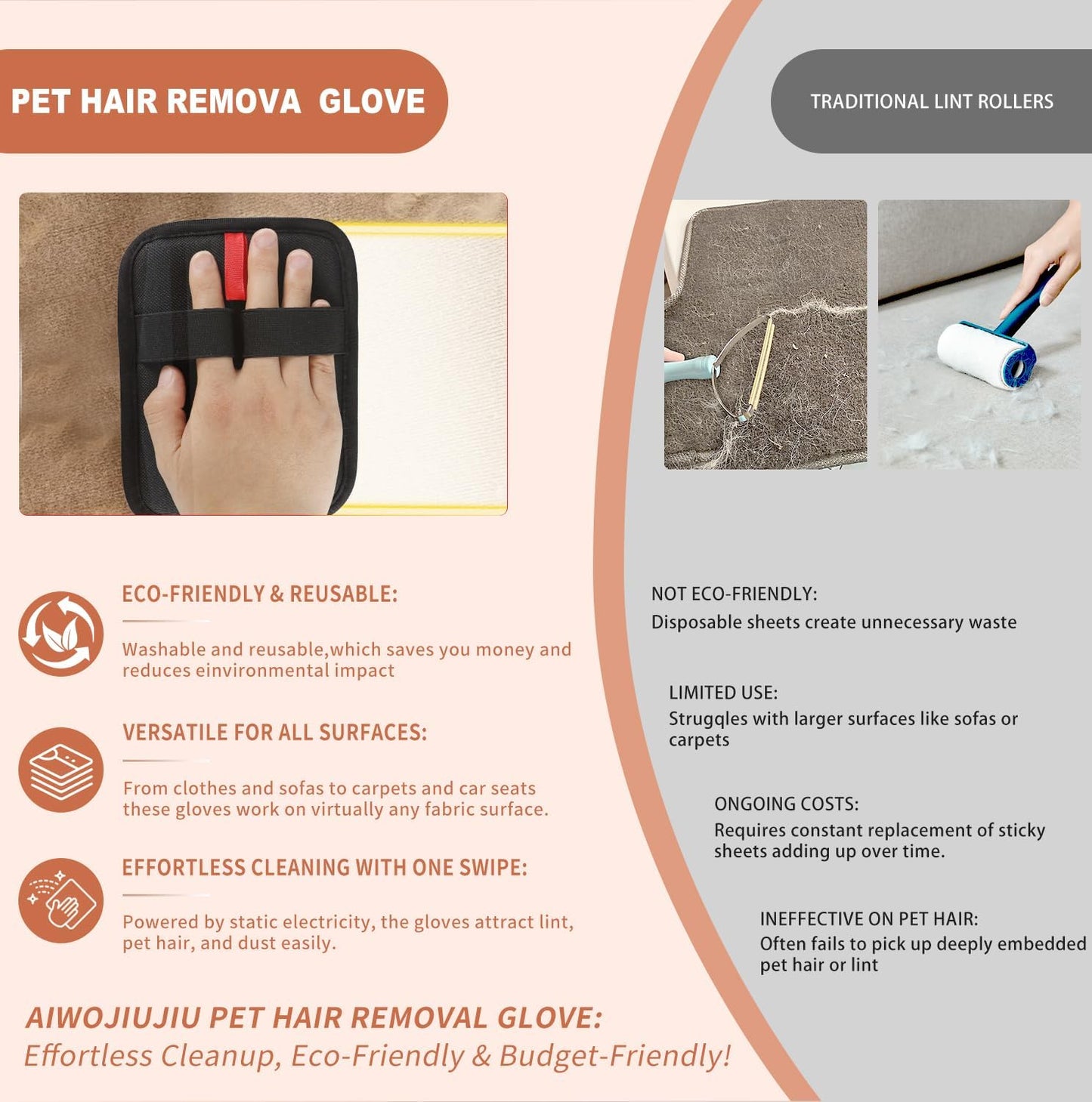 2 Pcs Pet Hair Removal Glove - Upgraded Electrostatic Pet Hair Remover Gloves for Cats & Dogs, Reusable & Washable Magic Brush Pet Hair Removal Tool (Black, L)