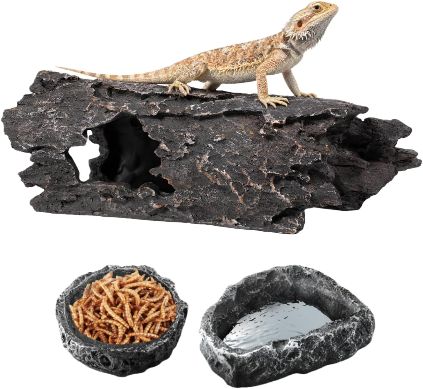 TRUVIC Reptile Habitat Decor Kit: Resin Tree Trunk Reptile Hide & Dual Feeding Dish Set