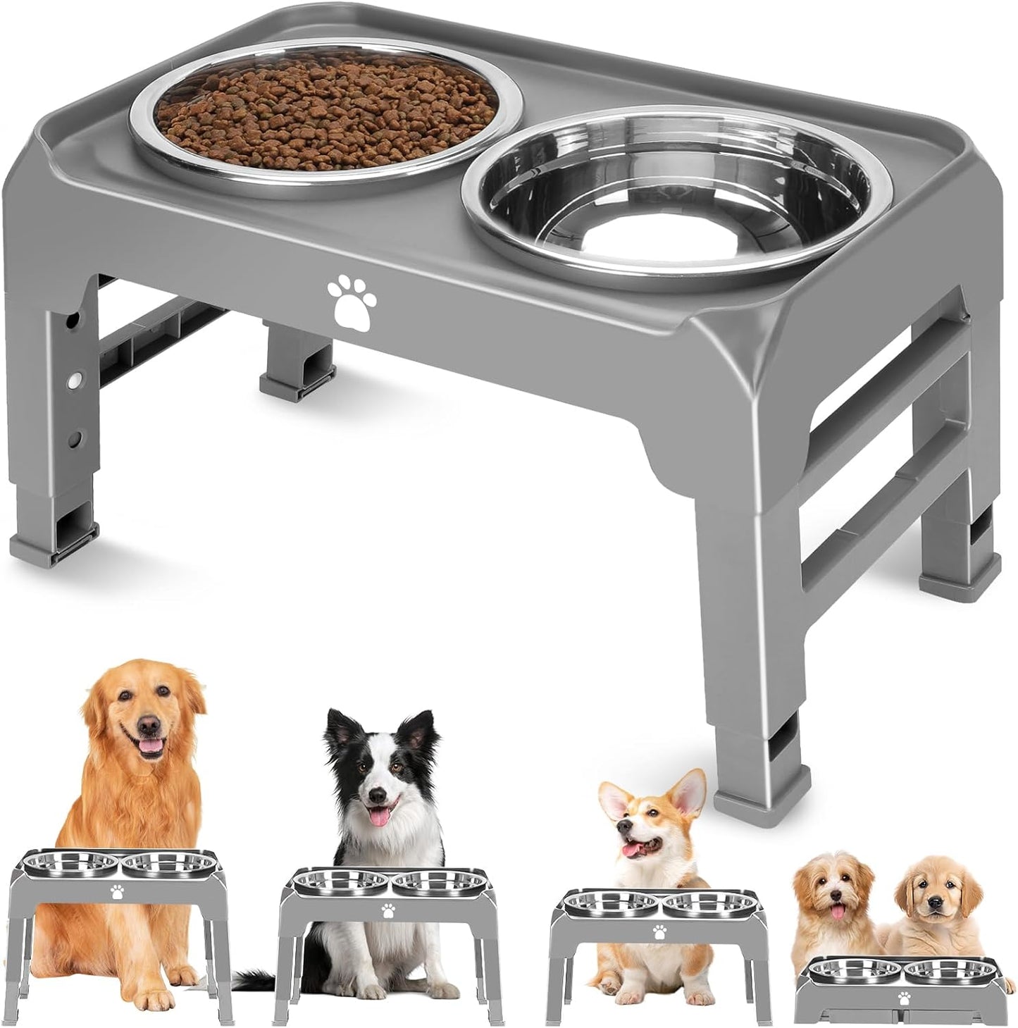 Elevated Raised Dog Bowl Stand with 2 Stainless Steel Bowls, Adjustable Height for Medium Large Dogs, 12.36" - 3.7" Foldable Feeder, Grey