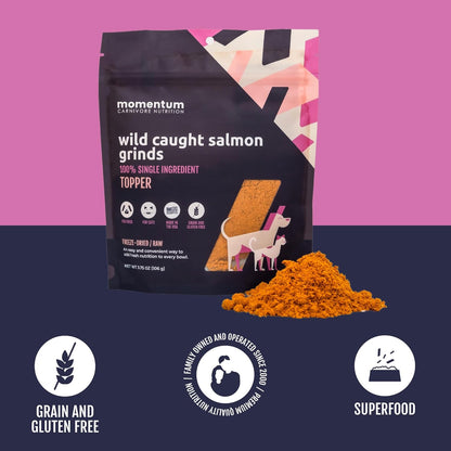 Momentum Carnivore Nutrition Freeze-Dried Wild-Caught Salmon Pet Food Topper – Single-Ingredient, All-Natural Topper – High-Protein for Dogs and Cats, Grain-Free and Made in The USA– (3.75 oz Bag)