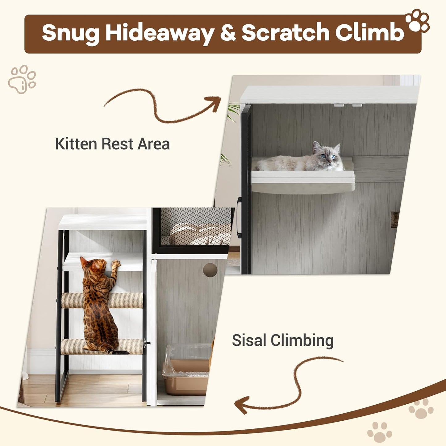 Cat Litter Box Enclosure, Double Layer Enclosed Litter Box Furniture with Door, Cat House with Ladder, White