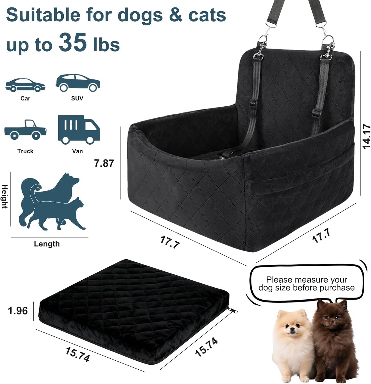 Dog Car Seat for Small/Medium Dogs, Memory Foam Dog Booster Seat up to 35lbs, Detachable Washable Pet Car Seat with Storage Pockets, Portable Pet Travel Bed with Seat Belt, Anti-Slip Base Black