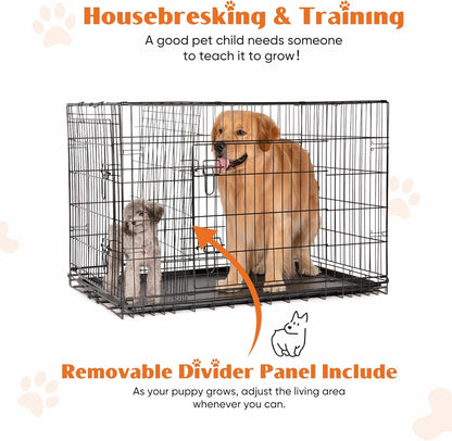 Sweetcrispy Dog Crate, 48 Inch Double Door Folding Metal Wire Dog Cage with Plastic Leak-Proof Pan Tray, Extra Large Pet Kennel for Indoor, Outdoor, Travel