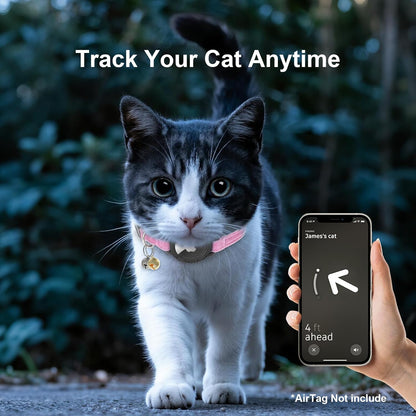 AirTag Cat Collar Breakaway, Double Velvet cat Collar with Apple Air Tag Holder and Bell, Ultra-Durable, Adjustable, Quick Release, Fits Most Girl Boy Small Large Cats (8.5''-12'') Pink