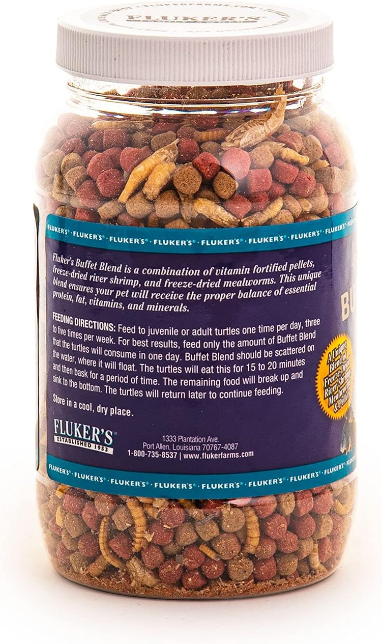 Fluker's Buffet Blend Aquatic Formula, Turtle Food with Freeze, Dried Shrimp, Mealworms, and Vitamin Enriched Pellets, 7.5 oz