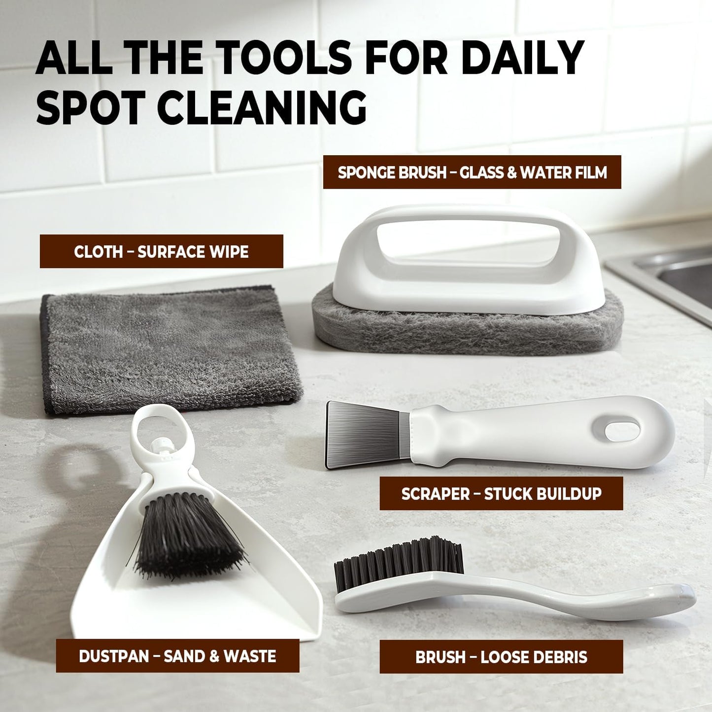 Bearded Dragon Tank Cleaning Kit, Reptile Enclosure Cleaning Tool Set with Mini Dustpan, Brush, Scraper & Cleaning Cloth for Lizard & Gecko Terrarium Maintenance