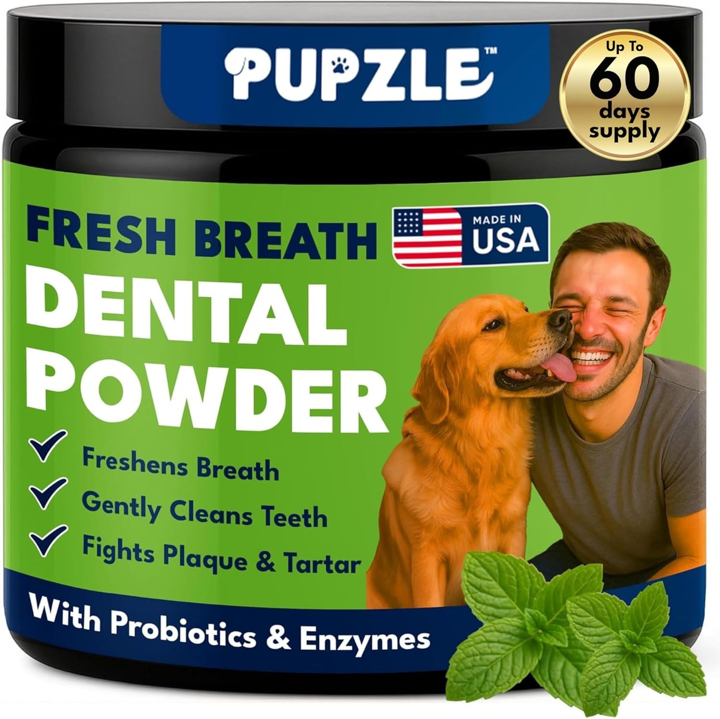 Pupzle Dog Teeth Cleaning Powder for Fresh Breath, Dog Dental Powder, Tartar & Plaque Focused, Natural Breath Freshener, Pet Dental Supplement with Probiotics for Gut Health, Mint, 60 Days Supply