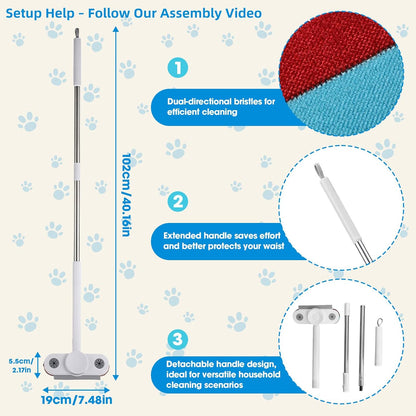 Multi-Functional Pet Hair Remover with Extended Handle, 25° Angle Design & Dual-Directional Bristles - Wet Dry Tool to Uproot Stubborn Hair & Clean Carpet, Furniture, Car for Dogs & Cats