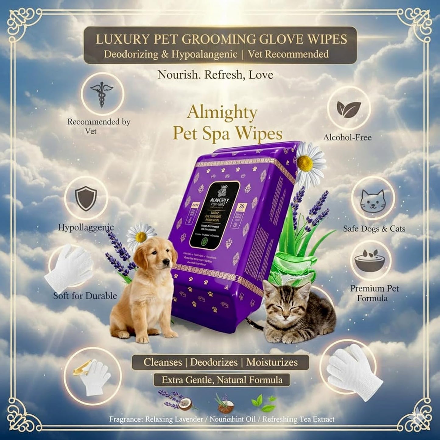 Almighty – Premium Pet Grooming Glove Wipes for Dogs & Cats | 20 Count | Instant Bath Cleaning Glove | Ultra-Thick, Hydrating & Nourishing | Deodorizing, Hypoallergenic, No-Rinse – Lavender Scent