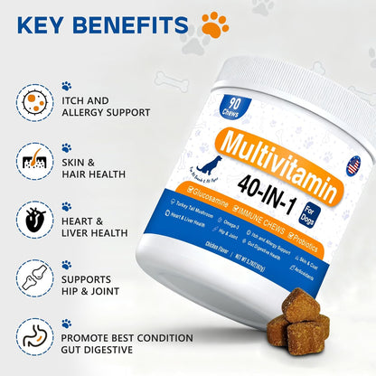 40-in-1 Dog Vitamins and Supplements, Dog Multivitamin Chewable with Glucosamine MSM - Turkey Tail Mushroom, Digestive Enzymes Gut Probiotics, Hip & Joint, Omega-3 Skin & Coat Eyes Immune Support