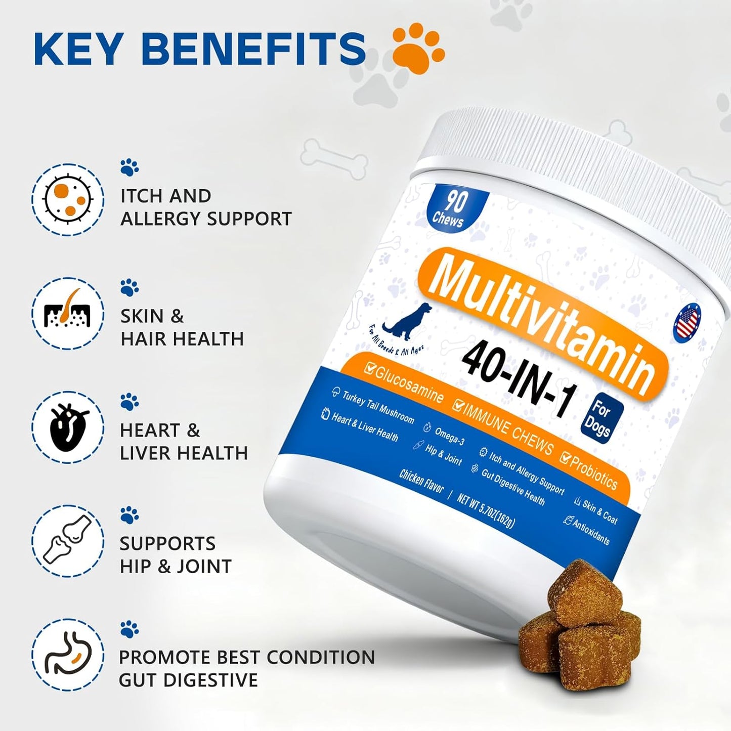 40-in-1 Dog Vitamins and Supplements, Dog Multivitamin Chewable with Glucosamine MSM - Turkey Tail Mushroom, Digestive Enzymes Gut Probiotics, Hip & Joint, Omega-3 Skin & Coat Eyes Immune Support