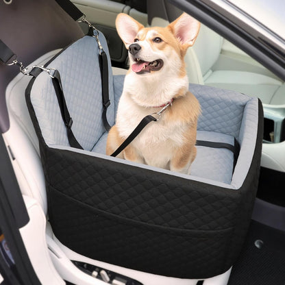 Dog Car Seat for Small & Medium Dogs Under 35lbs, Detachable & Washable Pet Car Seat, Interior Height 6 Inches Pet Travel Bed with Storage Pockets and 2 Dog Safety Belts (Black/Gray)