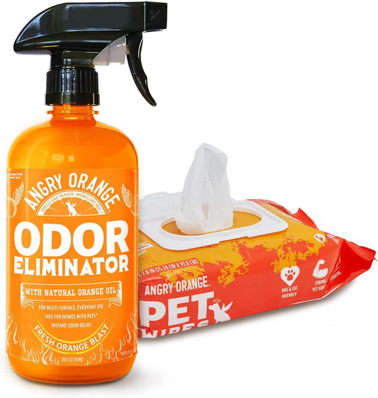 ANGRY ORANGE Pet Wipes + Odor Eliminator – Unscented Grooming Wipes for Dogs and Cats (80 ct) + Citrus Cleaner for Pet Urine, Stains and Smells (24 oz)