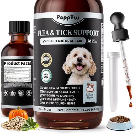 Flea and Tick Prevention Support for Dogs, Natural Flea Treatment Drops with Neem, Oregano for Puppy Oral Flea and Tick Treatment Supplement for All Breeds and Ages - Chicken Flavor, 2 FL.Oz
