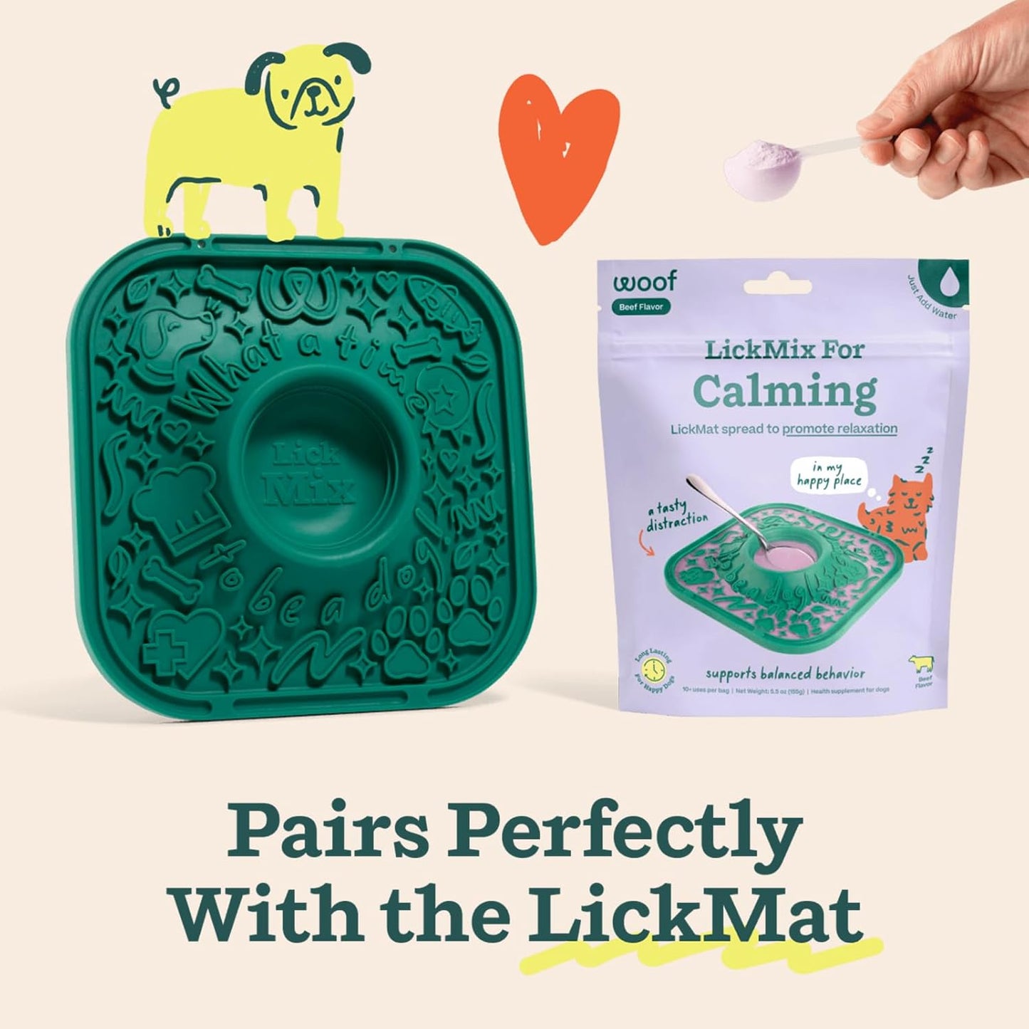 Woof Lick Mat and Calming LickMix Starter Pack Bundle - Dog Enrichment and Spread - Slow Feeder Mat with Non-Slip Design - Delicious, Lower Calorie Mix -Green