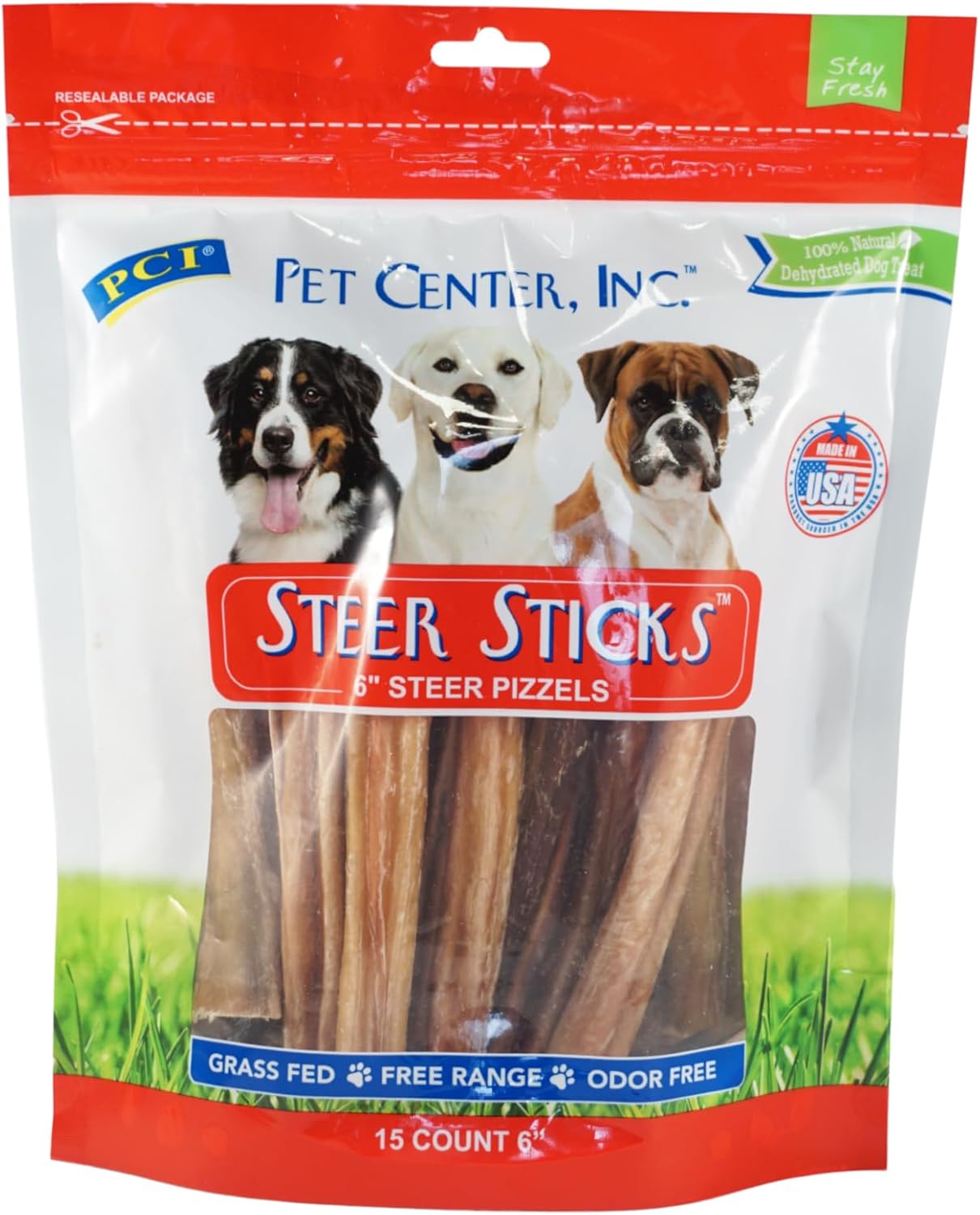 PCI Steer Bully Stick Dog Treats – 6", 15 Count, Resealable Bag