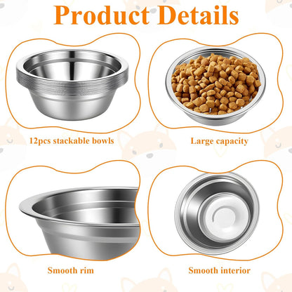 12 Pcs Stainless Steel Cat Bowls Bulk, 5.5 Inch Wide Flat Metal Cats Food Bowl Silver Thickened Replacement Basic Kitty Plates Whisker Friendly Fatigue Relief for Cat Puppies