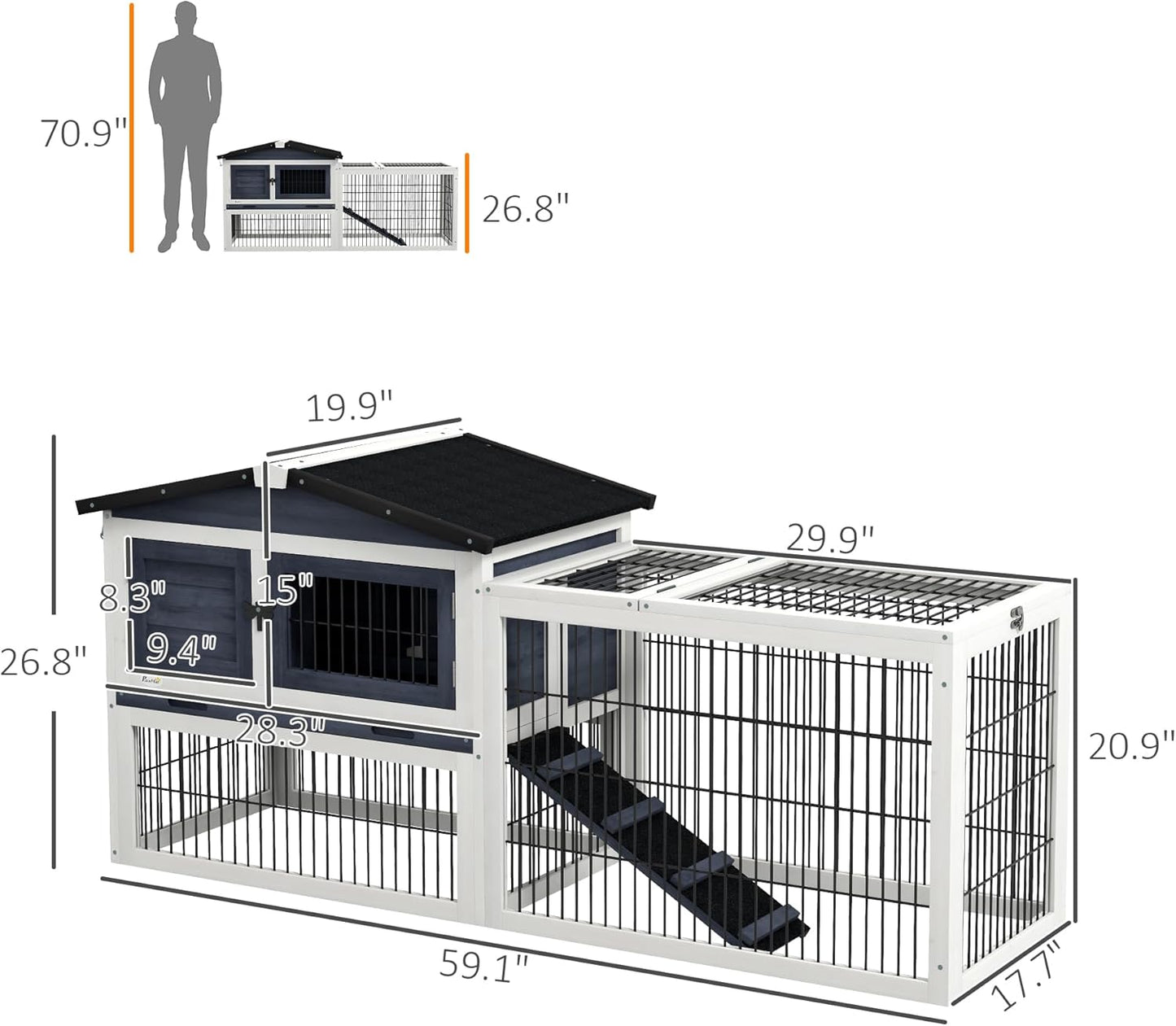 PawHut Rabbit Hutch Outdoor Indoor, 54" L Large Rabbit Cage with Waterproof Openable Roof, No-Leak Tray, Ramp, Run, for Bunnies, Guinea Pigs, Dark Gray