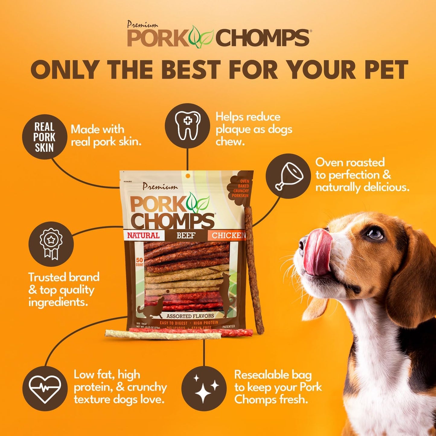Pork Chomps Dog Chews, 5-inch Munchy Sticks, Assorted Flavors, 50 Count (Pack of 1)