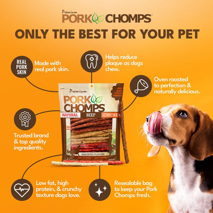 Pork Chomps Dog Chews, 5-inch Munchy Sticks, Assorted Flavors, 50 Count (Pack of 1)