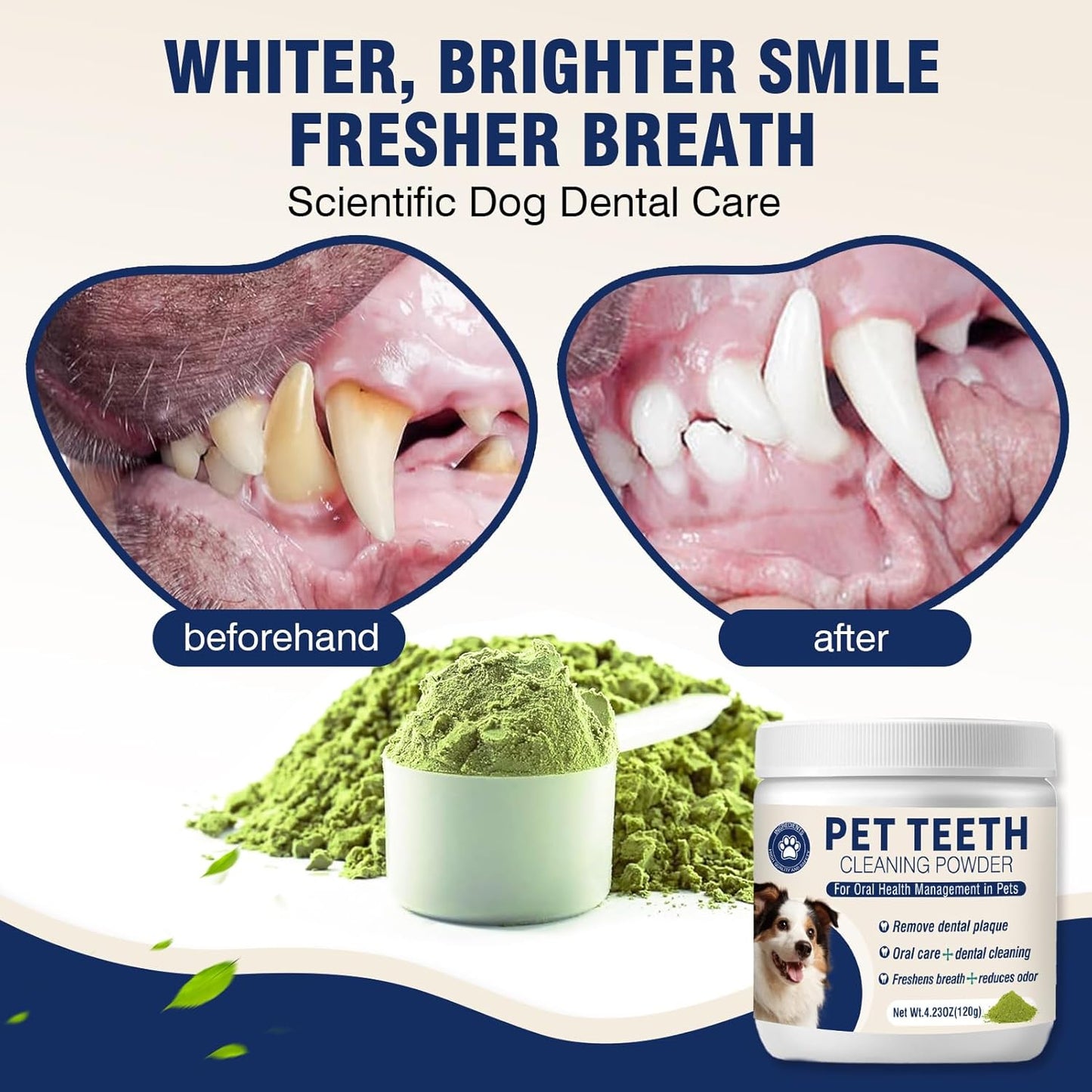 Dental Powder for Dogs Dog Teeth Cleaning Products Dog Tooth Cleaning Powder with Probiotics for Dogs Bad Breath Treatment Plaque and Tartar for Small Medium and Large Pet Dental Cleaner 120 G