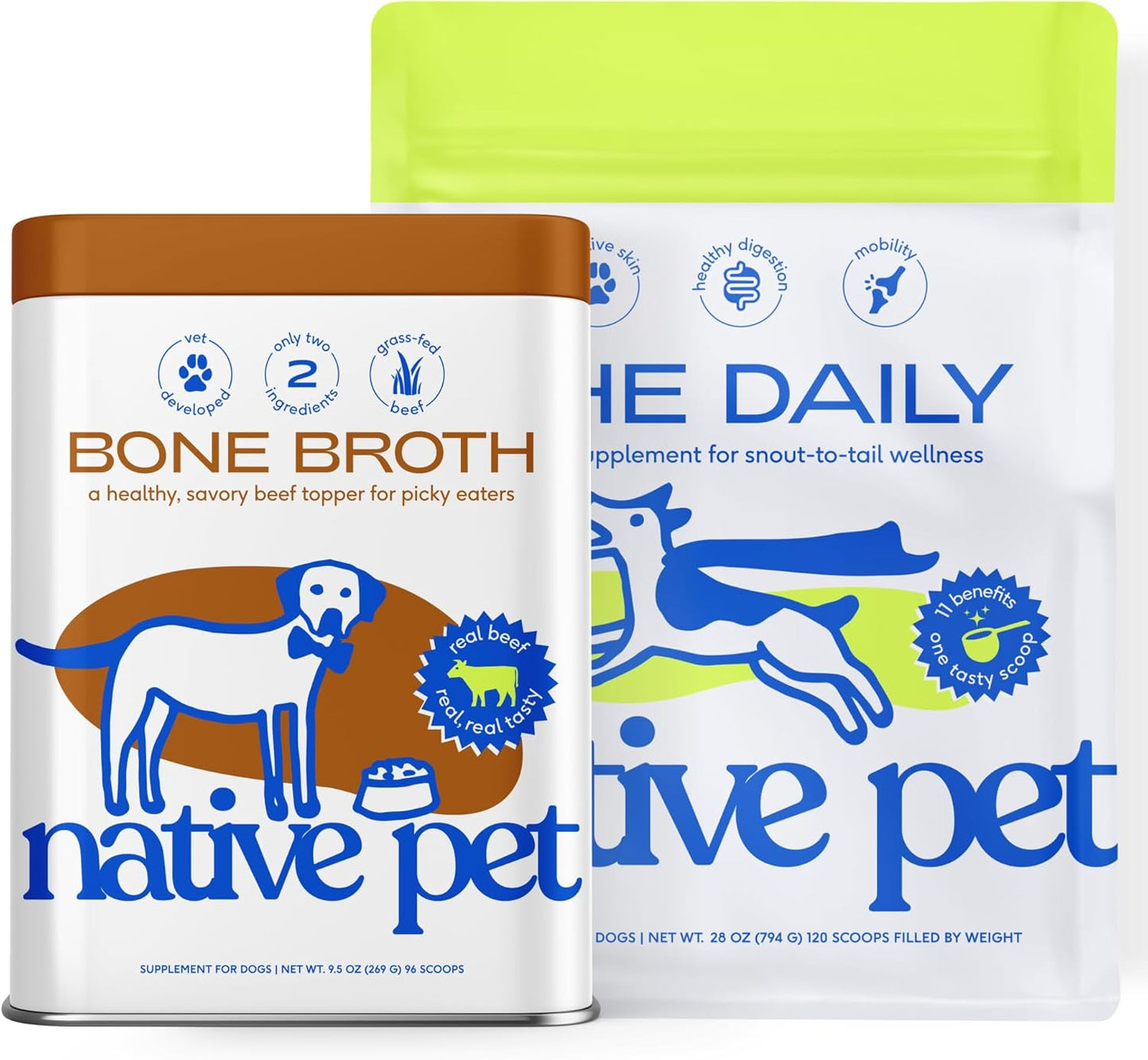 Native Pet The Daily Dog Multivitamin (120 Scoops) & Beef Bone Broth Powder for Dogs (96 Scoops) - Daily Multivitamin and Pet Gravy Food Topper for Picky Eaters