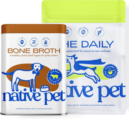 Native Pet The Daily Dog Multivitamin (120 Scoops) & Beef Bone Broth Powder for Dogs (96 Scoops) - Daily Multivitamin and Pet Gravy Food Topper for Picky Eaters