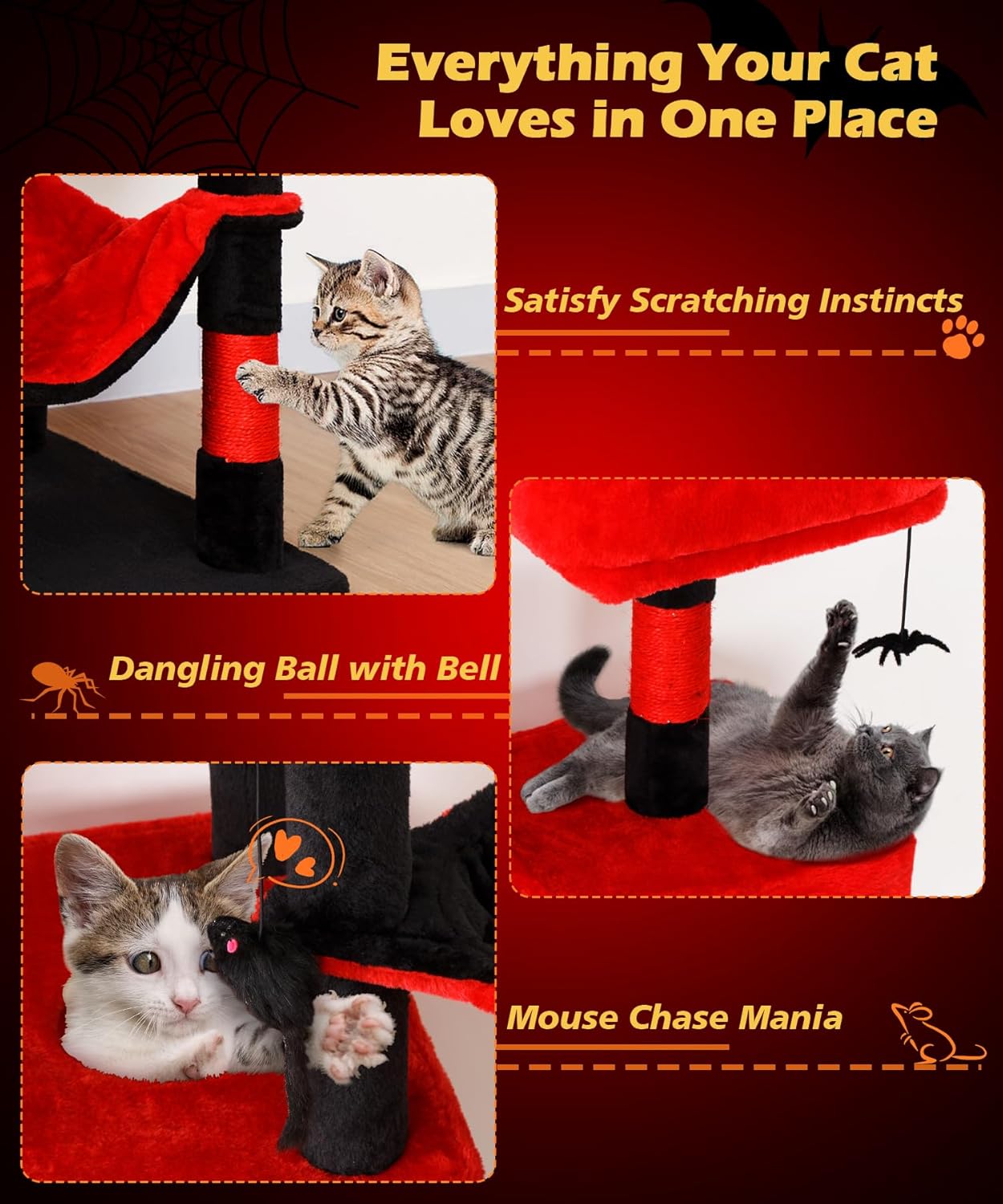 AMHANCIBLE Gothic Cat Tree, 70 Inch Tall for Indoor Adult Cats, Large Multi-Level Tower with Scratching Post, Hammock, Condos, Hanging Basket, Activity Center to Play and Sleep, Black Red, PT18RD