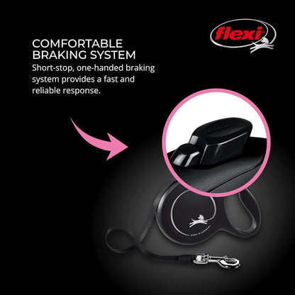 FLEXI New Classic Tape Retractable Dog Leash for Large Dogs Upto 110 lbs. – 26 ft., Black | Tangle Free Pet Walking Leash with One-Handed Brake, Pause, Lock|German Quality Product