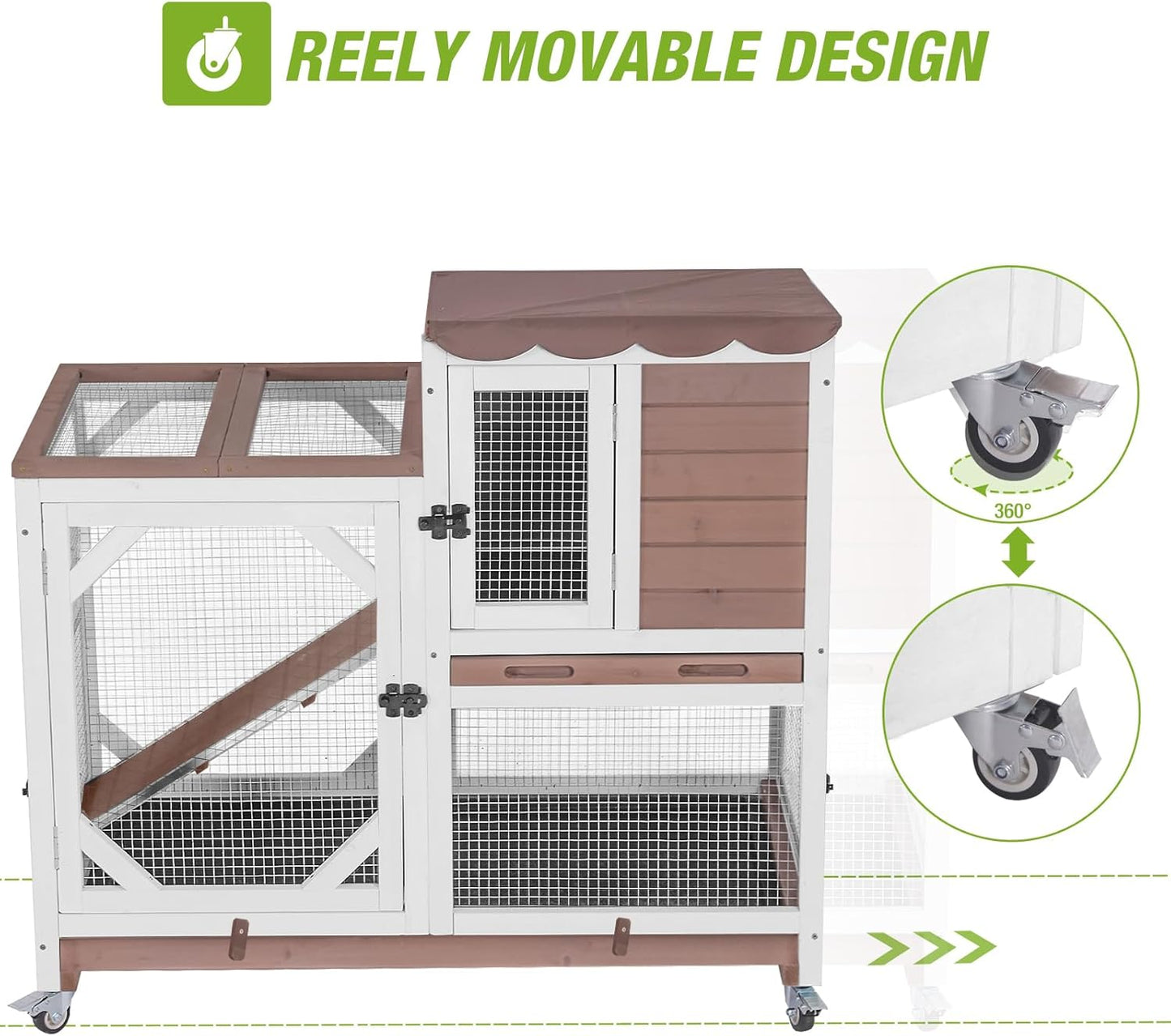 Gutinneen 2-Story Rabbit Hutch with Chew-Proof Ramp & Leak-Proof Trays - Indoor/Outdoor 39.3" Wooden Rabbit Cage with Wheels for Rabbits, Guinea Pigs