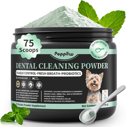 Dog Dental Powder – Teeth Cleaning Powder with 6B CFU Probiotics, Enzymes & Antioxidants, Plaque & Tartar Off, Fresh Breath Support, No Brushing Oral Care, Mint Chicken Flavor, 75 Servings