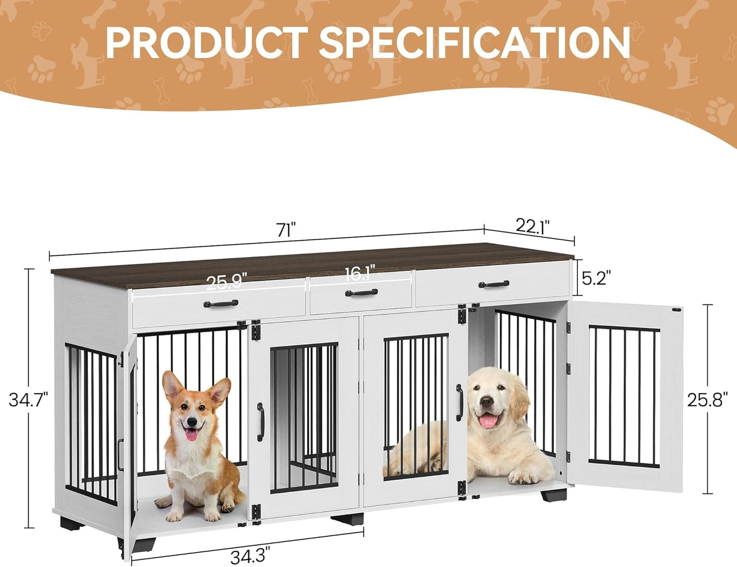 71" Double Dog Crate Furniture, Rustic Indoor Kennel with Removable Divider and 3 Storage Drawers for Medium Large Dogs