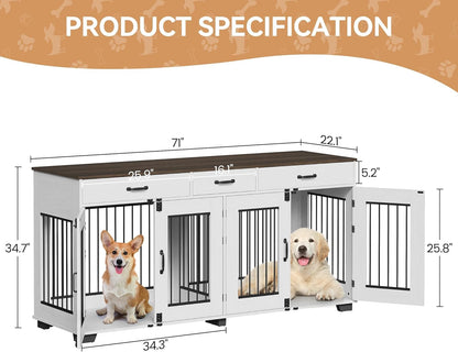 71" Double Dog Crate Furniture, Rustic Indoor Kennel with Removable Divider and 3 Storage Drawers for Medium Large Dogs