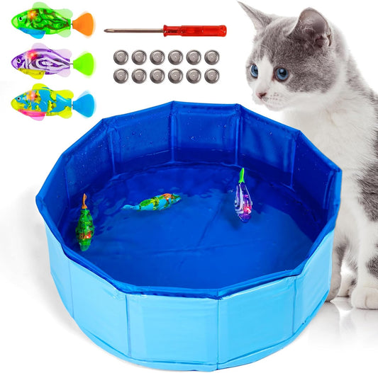 Cat Pool Toy with 3 LED Electric Fish, Robotic Swimming Fish with Flashing Lights-Foldable Cat Pool Proof Kitten Water Play Mat for Indoor Cats Fun Bath & Exercise fishToy 12” Toy （Blue）