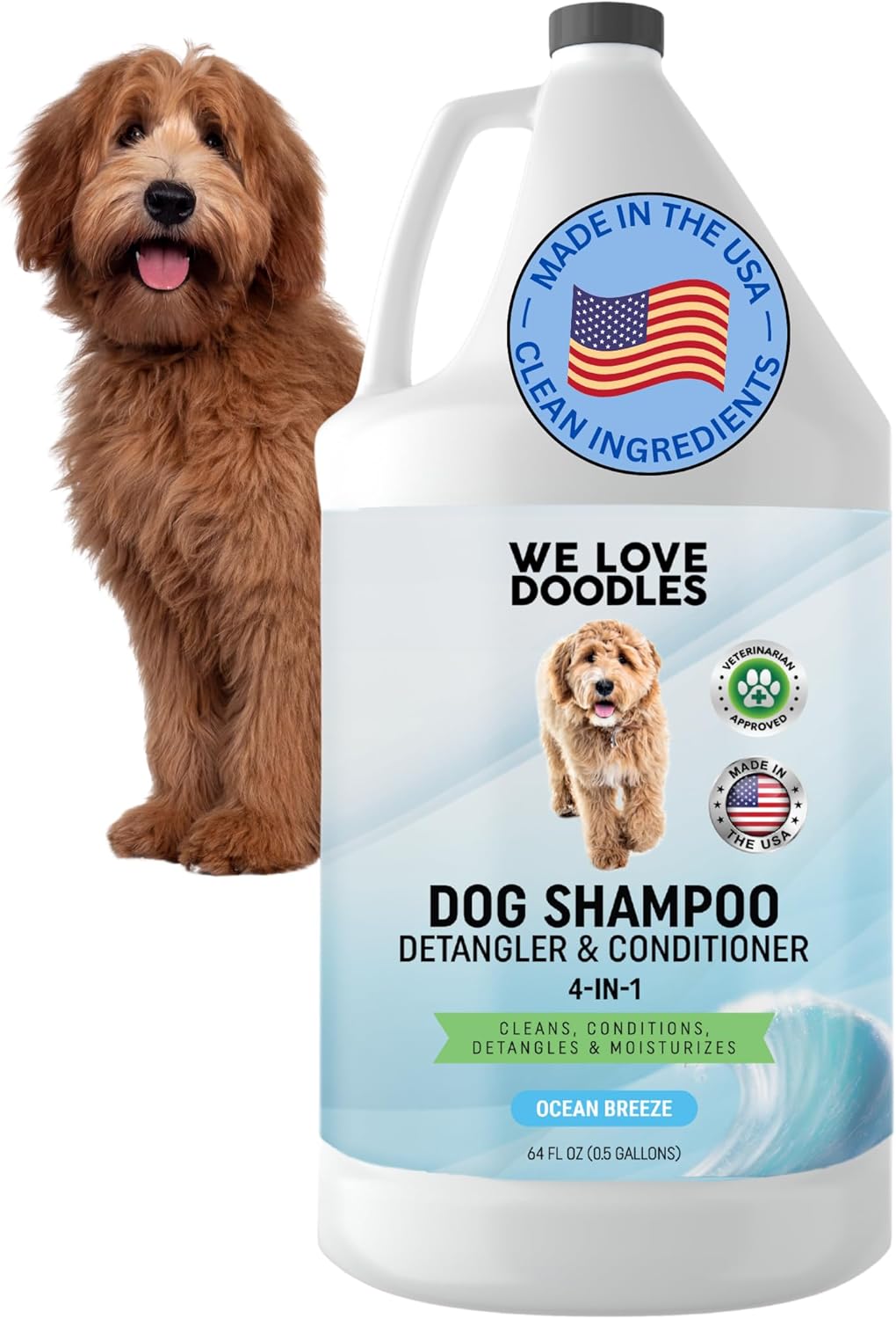 Dog Shampoo Half Gallon - Cleans, Conditions & Detangles, Goldendoodles, Poodles, & Doodle Shampoo - for Matted Pet Hair - Sensitive Skin Wash for Puppies - Made in The USA, 64OZ (Ocean Breeze)
