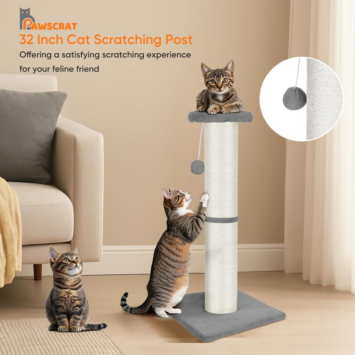 PAWSCRAT Cat Scratching Post 32" Tall, Large Diameter Natural Sisal Cat Scratch Post with Dangling Ball, Scratch-Resistant and Durable for Indoor Cats, Protect Your Furniture,Large/X-Large