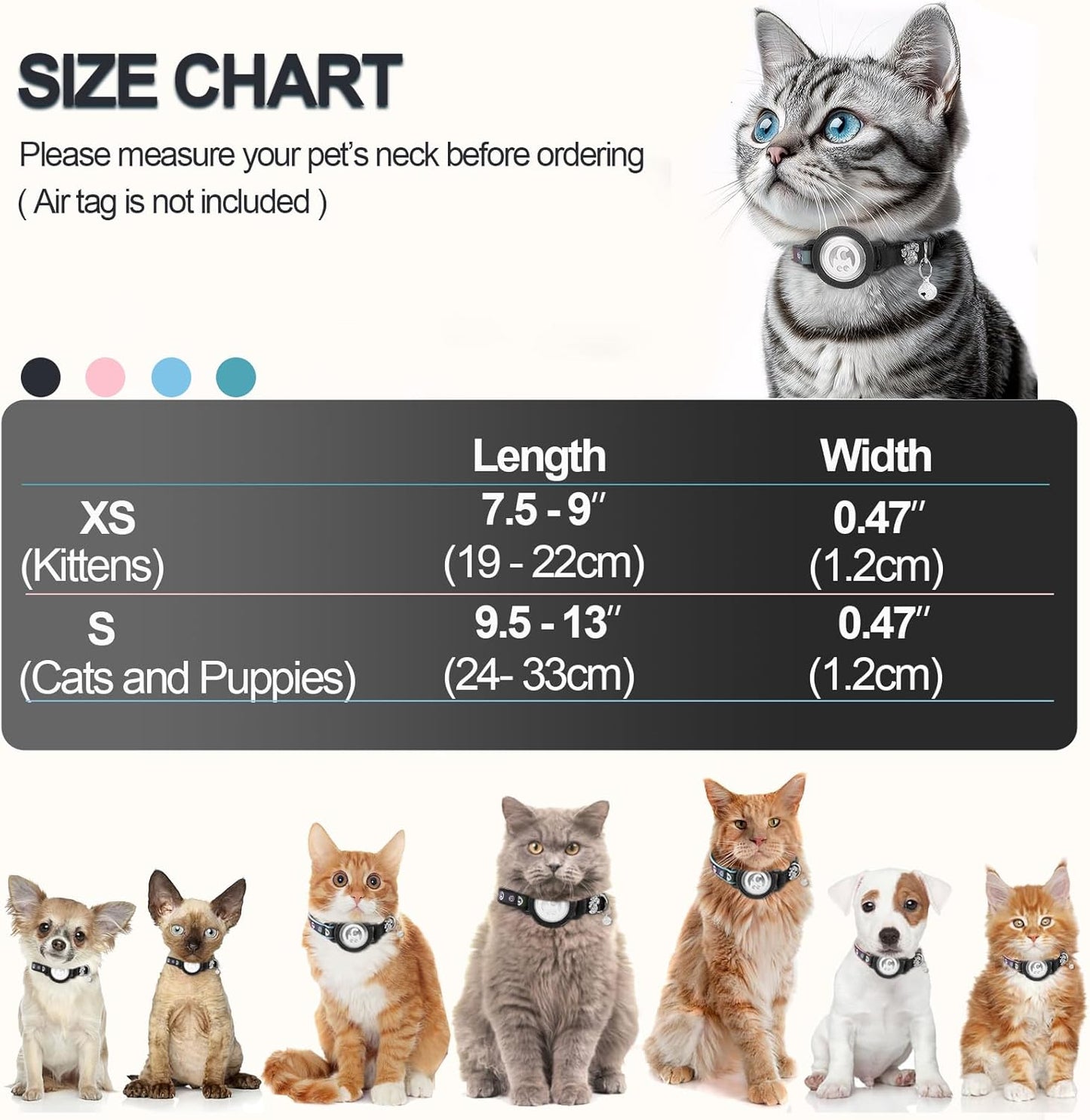 Airtag Cat Collar | Waterproof Cat Collars Airtag Holder - Breakaway Cat Airtag with Bells, Cute Diamond Paw, Reflective, Lightweight GPS Cat Collar for Girl Boy Cats, Kitten(Black, S(9.5"-13")