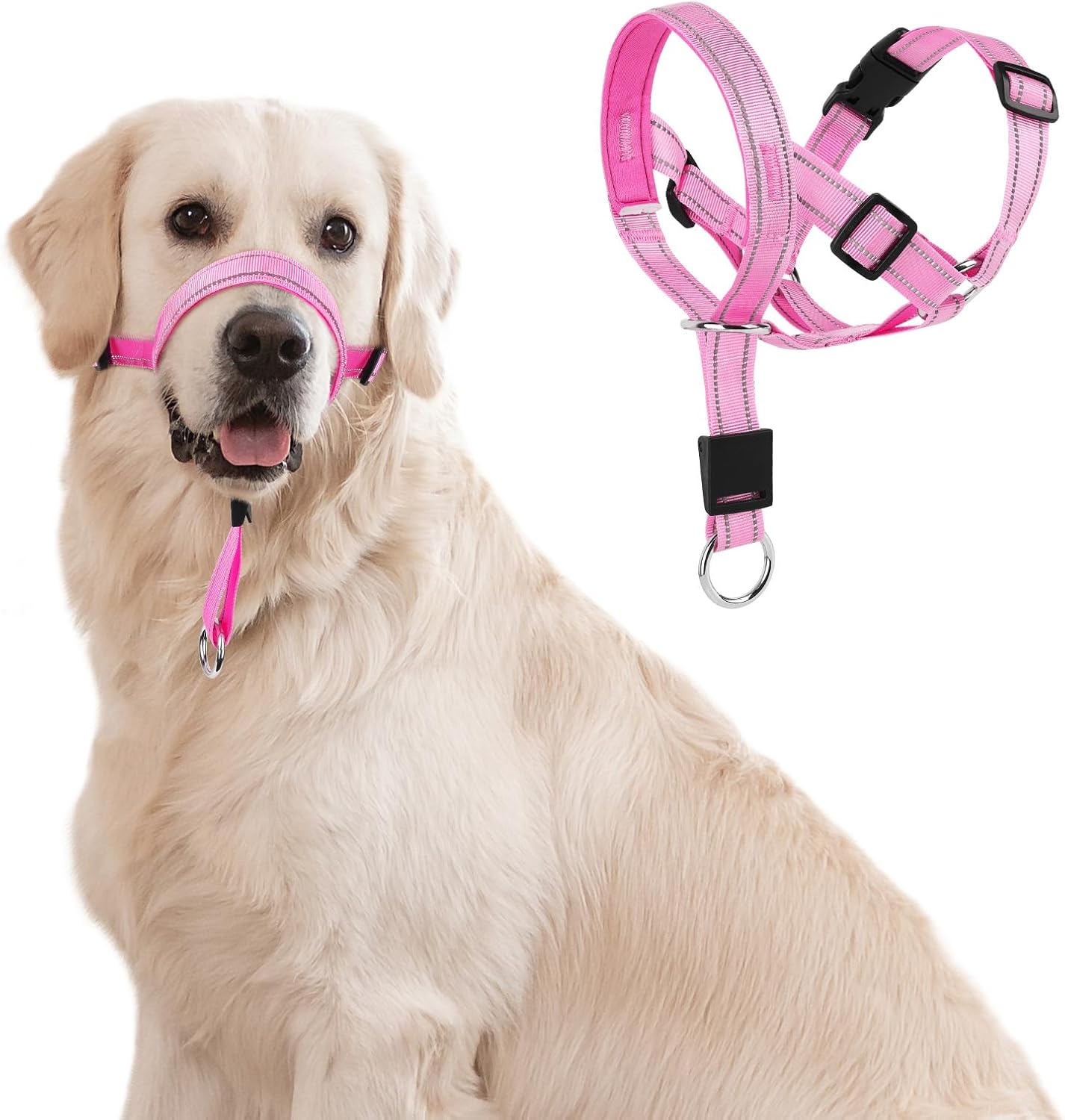 No-Pull Dog Headcollar - Reflective Halter Collar for Dogs, Padded Head Collar to Stop Heavy Pulling, Anti-Pull Muzzle Leash (Pink, Medium)