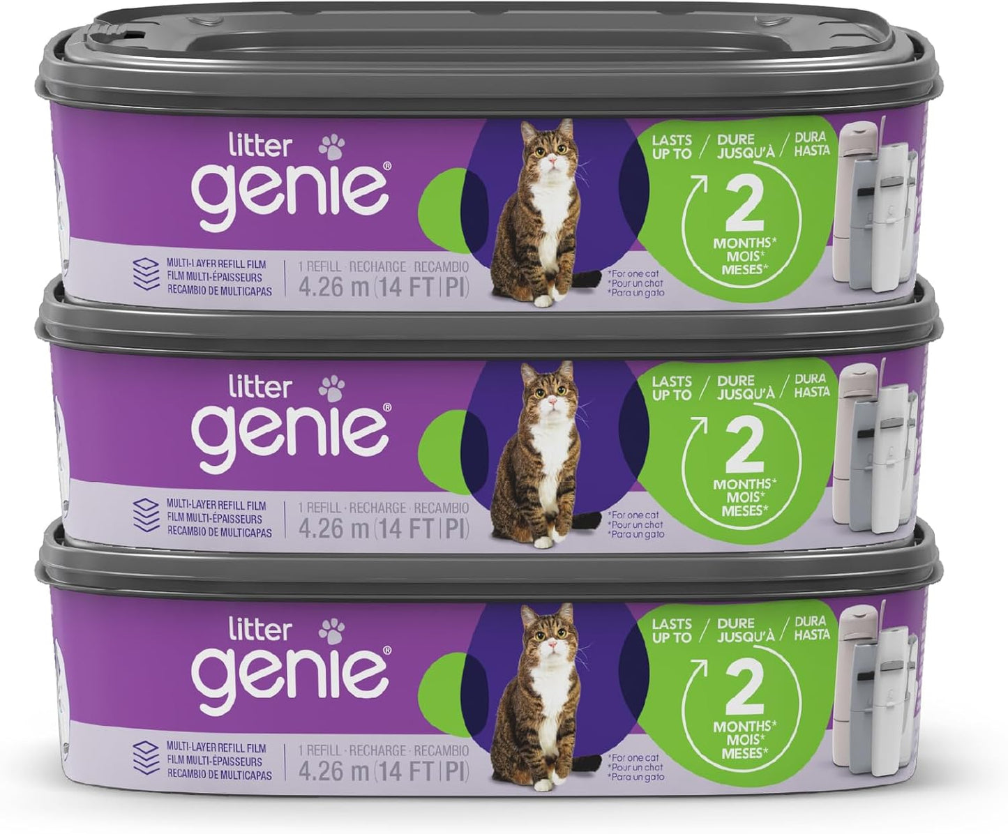 Litter Genie Refill Bags (3-Pack) | Multi-Layers of Odor-Barrier Technology | 1 Square Refill Cartridge Lasts Up to 2 Months Per Cat