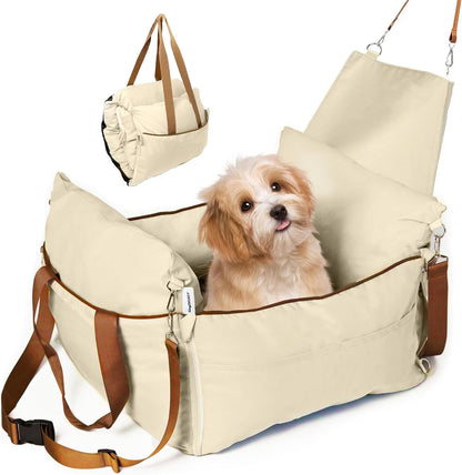 TINYBEAST Foldable Dog Car Seat for Small Dogs, Waterproof Dog Booster Seat with Backrest Protector, Portable Washable with Storage Pockets and Clip-On Leash, Car Travel Carrier Bed, Beige