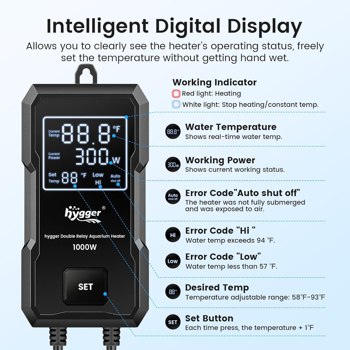 hygger 800W Aquarium Heater, Upgraded Submersible Fish Tank Heater with Dual Protection System & LED Digital Display, with Automatic Power-Off Function, for 80-220 Gal Freshwater and Saltwater Tank