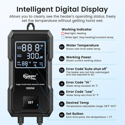 hygger 800W Aquarium Heater, Upgraded Submersible Fish Tank Heater with Dual Protection System & LED Digital Display, with Automatic Power-Off Function, for 80-220 Gal Freshwater and Saltwater Tank