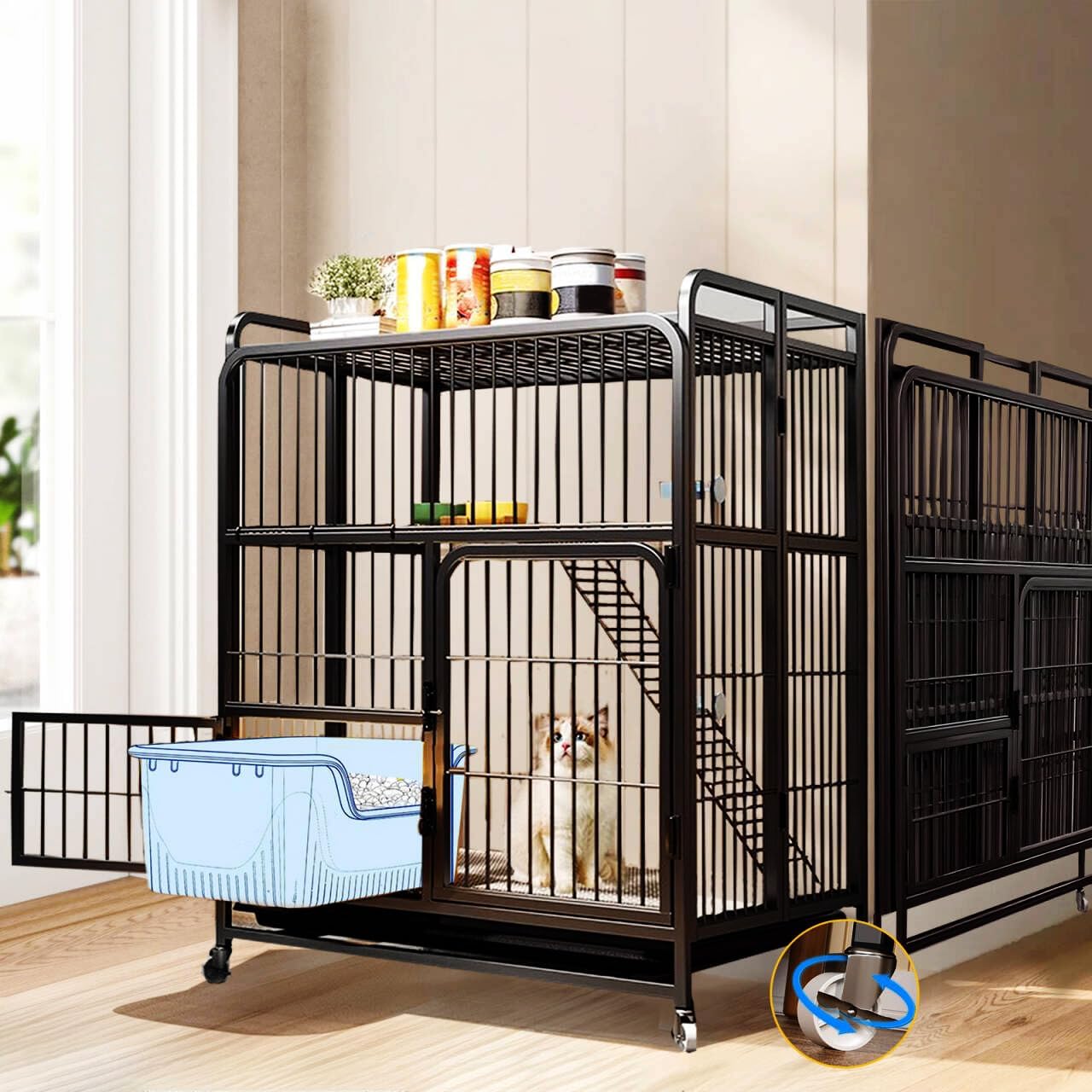 Collapsibles Cat Cages Indoor,Portable Cats Enclosures 2/3/4-Tier,Heavy-Duty Cat Playpens with Universal Wheels,Large Metal Animal cage Pet Crate No Assemblys Required (Black, 2-Tier (No Litter Box))