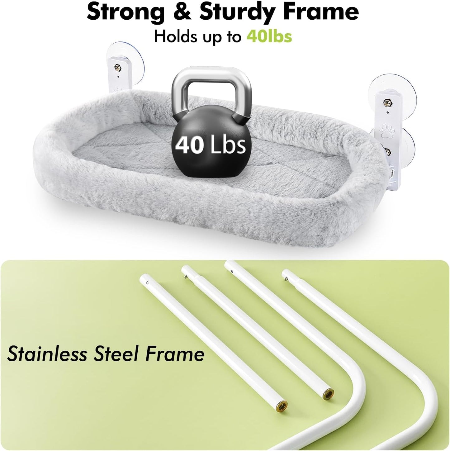 AMOSIJOY Cordless Cat Window Perch, Cat Hammock for Wall with 4 Strong Suction Cups, Solid Metal Frame and Two Replaceable Covers, Foldable Cat Beds for Indoor Cats (Large-Cushion Bed-Gray)