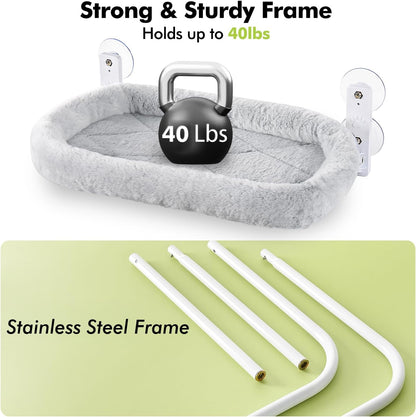 AMOSIJOY Cordless Cat Window Perch, Cat Hammock for Wall with 4 Strong Suction Cups, Solid Metal Frame and Two Replaceable Covers, Foldable Cat Beds for Indoor Cats (Large-Cushion Bed-Gray)