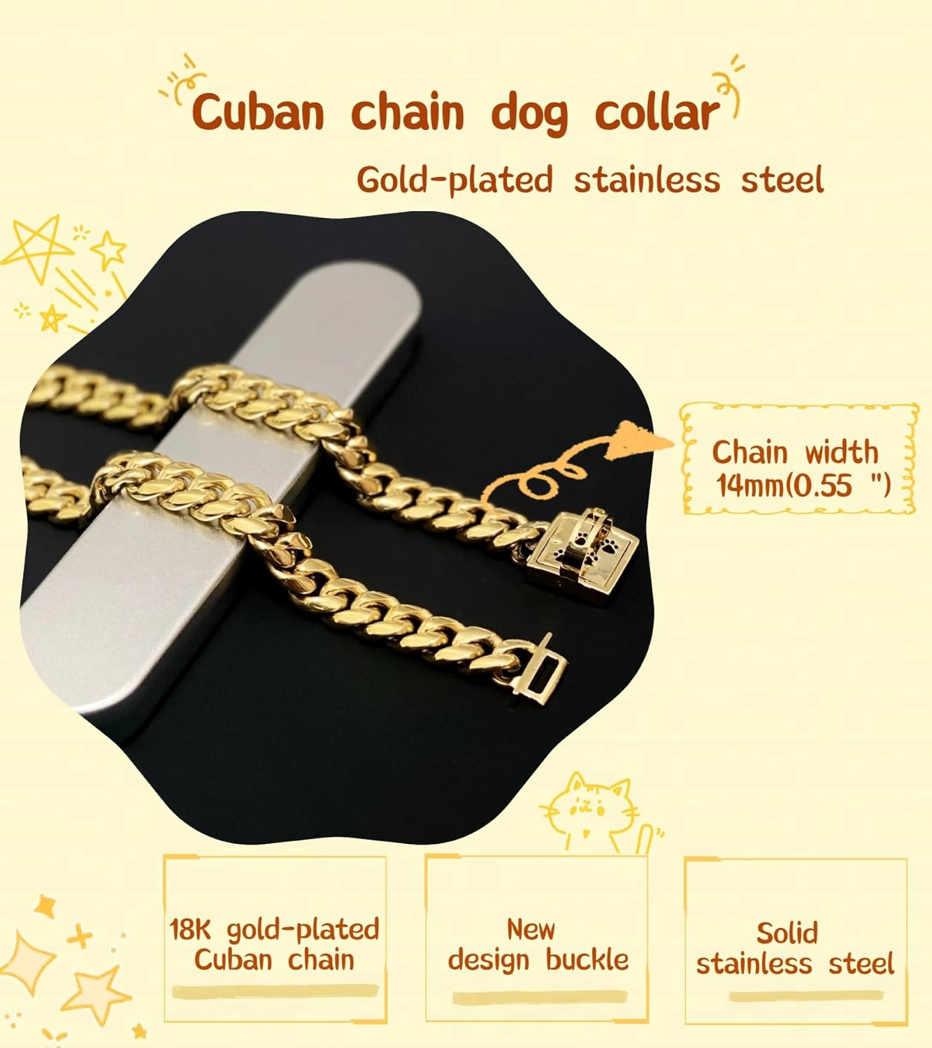 Gold Chain Dog Collars 15MM Stainless Steel Cuban Link Chain Collar with Secure Buckle Design, Metal Walking Training Collars, Chew Proof, Suitable for Small Medium Large Dogs (Gold,12'')