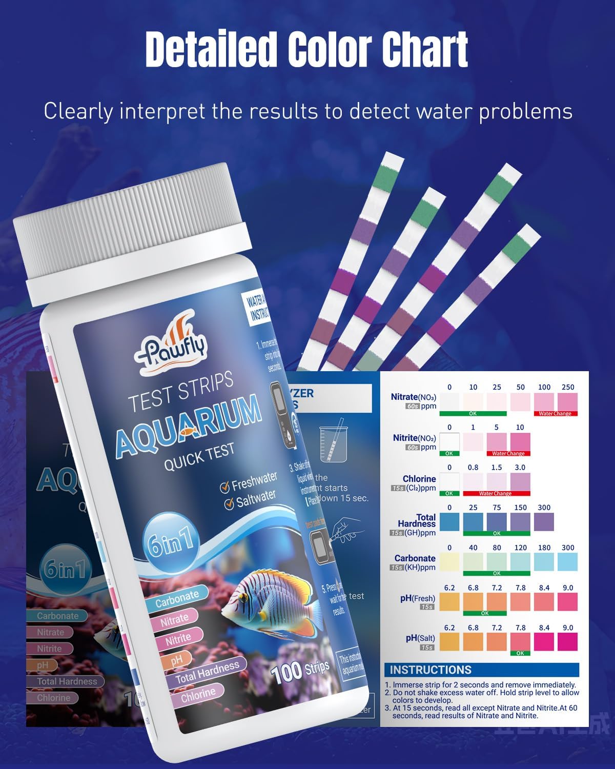 Pawfly 100 Pcs Aquarium Test Strips 6 in 1 Digital Water Testing Kit, Fish Tank Testing Strips for pH Nitrate Nitrite Chlorine Total Hardness & Carbonate, Fresh/Salt Aquarium Water Test Kit
